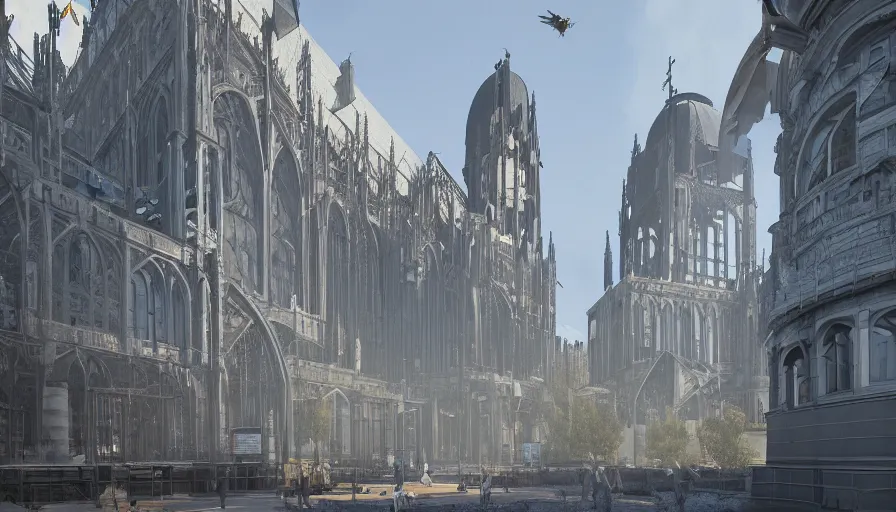 Prompt: neo - gothic berlin under construction, blue dome train station, worksite, sunny day, volumetric light, hyperdetailed, artstation, cgsociety, 8 k