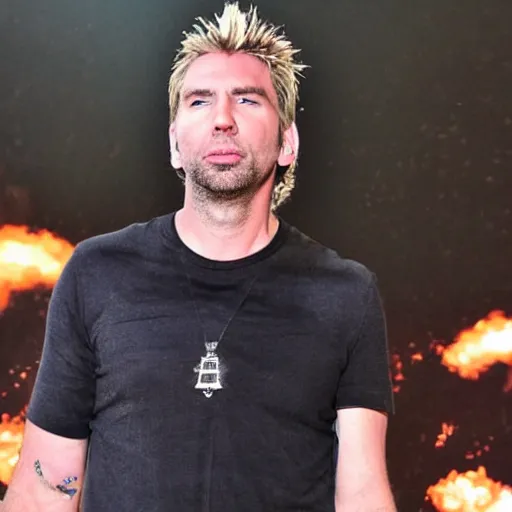 Image similar to chad robert kroeger of nickelback looking at a mystery object on someone's head