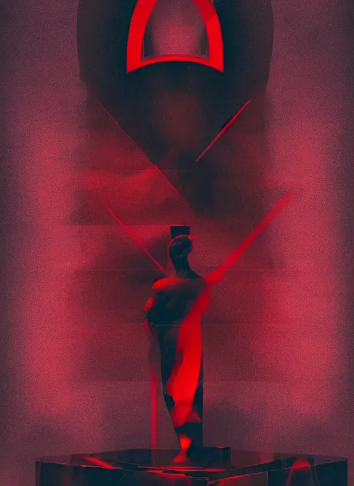 Image similar to dark design poster showing a statue of a greek god, black background with very subtle red and purple design elements, powerful, nekro, vito acconci, thin straight lines, dark, glitch art, neo vaporwave, gritty, layout frame, square, trending on artstation