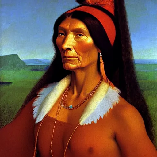 Prompt: portrait of pocahontas, expressive pose, highly detailed, digital painting, smooth, sharp focus, by Jean Auguste Dominique Ingres