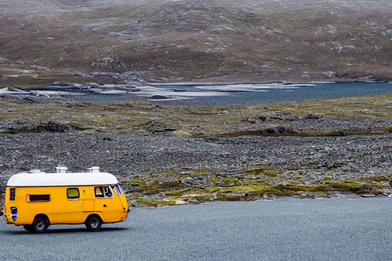 Image similar to tourist astronaut standing in the Isle of Harris, Scotland, a campervan in the background, 28 mm lens, photorealistic