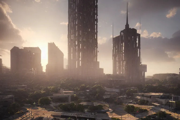 Prompt: streetscape, a towering cathedral of brutalist architecture, buildings covered with greebles, stunning volumetric light, sunset, metal, concrete and translucent material, stunning skies, vast majestic landscape, trending on Artstation, 8k, photorealistic, hyper detailed, unreal engine 5, IMAX quality, cinematic, epic lighting, in the style of Greg Rutkowski