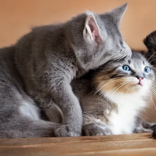 Image similar to calico cat grooming her newborn grey kitten