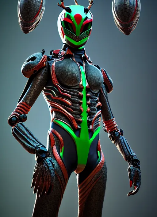 Prompt: kamen rider, more human structure insects concept art, intricate detail, insect compound eyes, hyperrealistic art and illustration by irakli nadar and alexandre ferra, unreal 5 engine highlly render, global illumination
