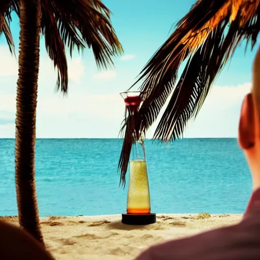 Image similar to close up still photo of an ocean in an erlenmeyer flaskw with a small island and a single palm tree and a man fishing