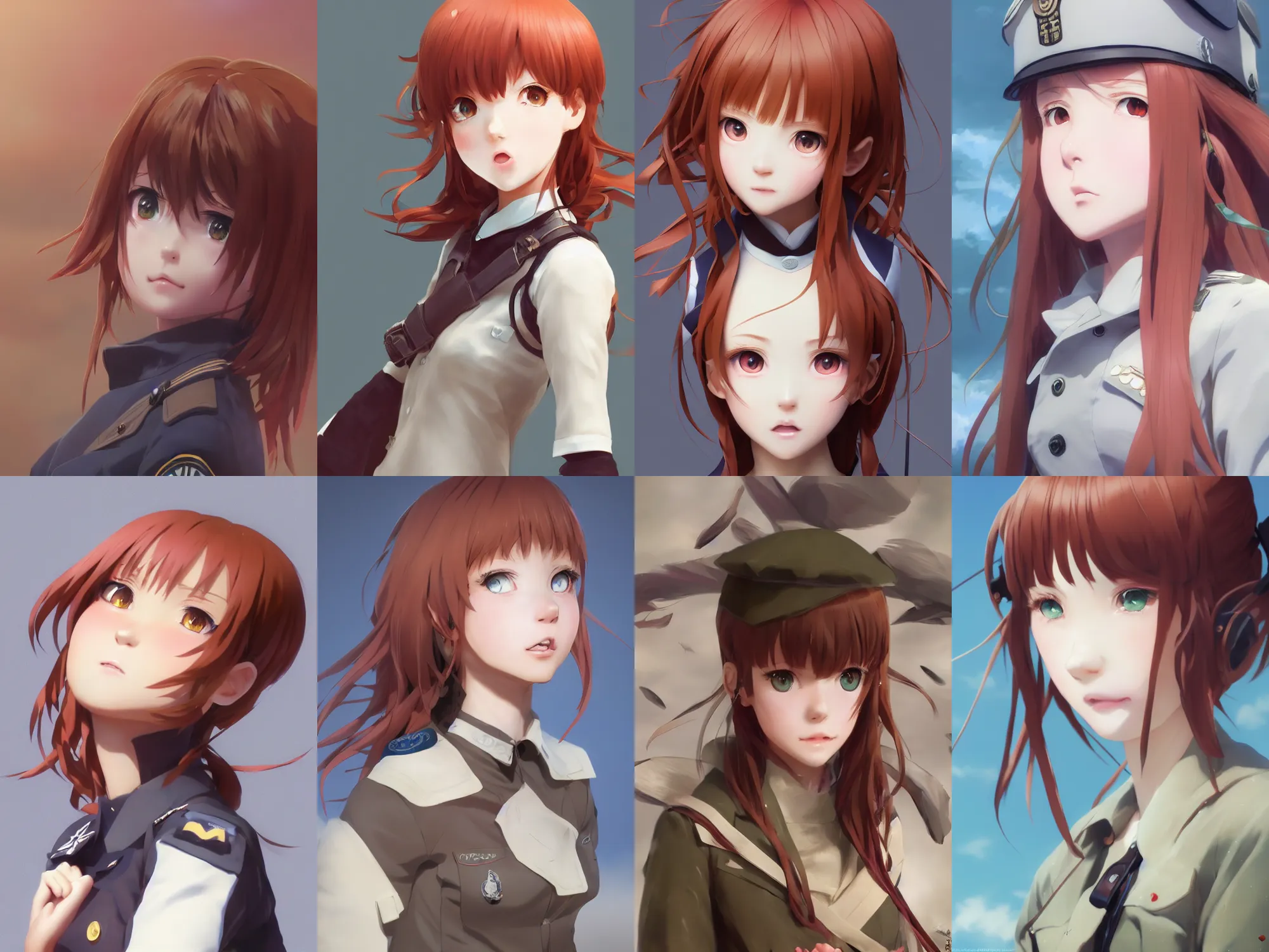 Prompt: Very complicated dynamic composition, realistic anime style at Pixiv CGSociety by WLOP, ilya kuvshinov, krenz cushart, Greg Rutkowski, trending on artstation. Zbrush sculpt colored, Octane render in Maya and Houdini VFX, close-up portrait of young redhead girl in motion, cute, innocent, she expressing joy, wearing military uniform, silky hair, stunning deep eyes. Very expressive and inspirational. Amazing textured brush strokes. Cinematic dramatic atmosphere, soft volumetric studio lighting