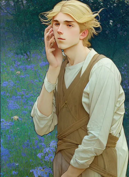 Image similar to pretty young man with shoulder length blond hair, male, half body shot, path traced, highly detailed, high quality, digital painting, by studio ghibli and alphonse mucha, leesha hannigan, hidari, art nouveau, chiho aoshima, jules bastien - lepage