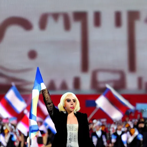 Image similar to Lady Gaga as president, Argentina presidential rally, Argentine flags behind, bokeh, giving a speech, detailed face, Argentina