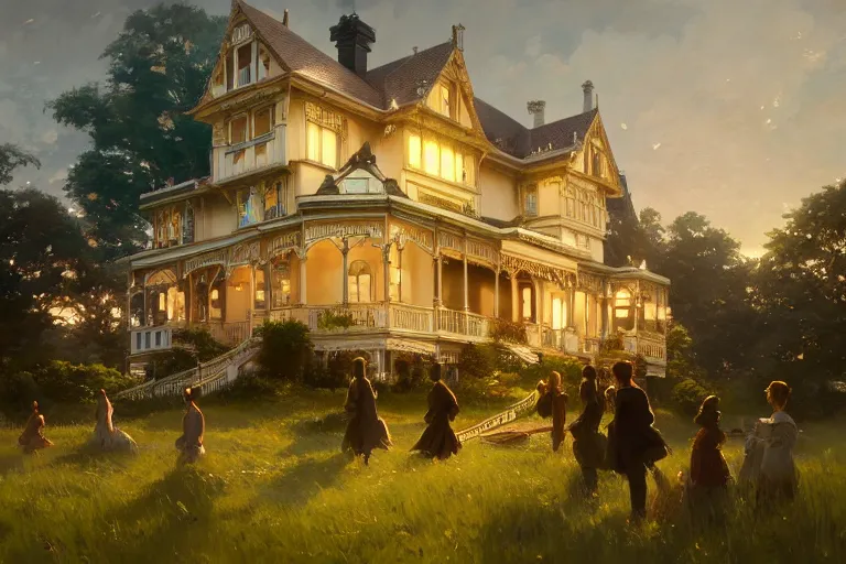 Image similar to an ornate victorian house, party in front, scene in an open field. 1 8 9 0, key visual, conceptart, ambient lighting, highly detailed, digital painting, artstation, concept art, sharp focus, by makoto shinkai and akihiko yoshida and greg manchess