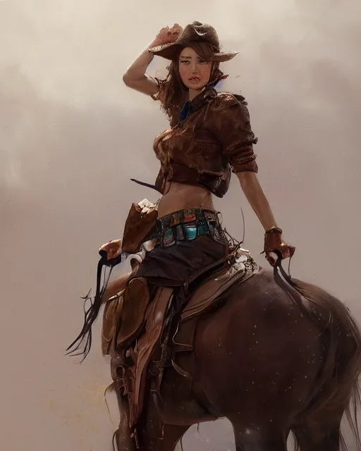 Image similar to a highly detailed oil painting of A cowgirls, in professional makeup, with medium length hair covering an eye, portrait, cinematic lighting, dramatic atmosphere, by Dustin Nguyen, Akihiko Yoshida, Greg Tocchini, Greg Rutkowski, Cliff Chiang, 4k resolution, trending on artstation