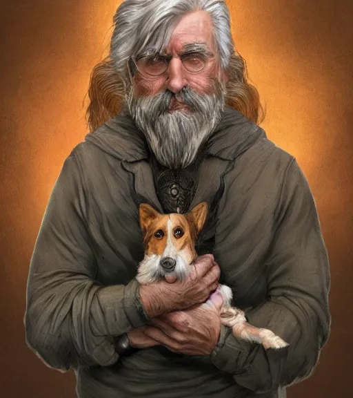 Image similar to full portrait of a old, ruggedly handsome bearded man holding corgi dog, real hands, soft hair, muscular, half body, cloth, d & d, fantasy, intricate, elegant, highly detailed, digital painting, artstation, concept art, smooth, sharp focus, illustration, art by artgerm and greg rutkowski and alphonse mucha