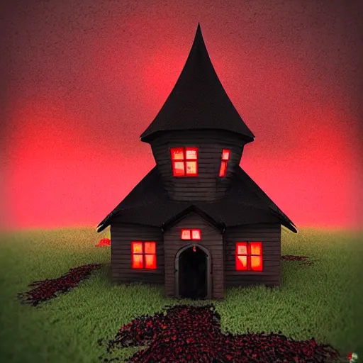 Prompt: Dark and Gloomy Witch house with red roof, in style of Anne Stokes