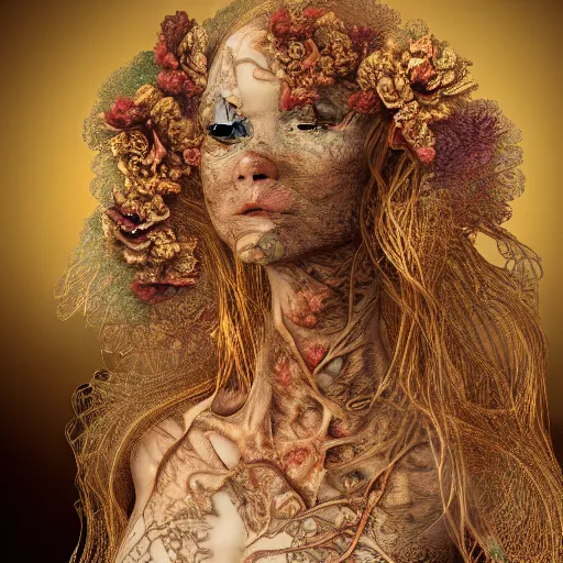 Image similar to beatifull face portrait of a woman, 150 mm, anatomical, flesh, flowers, mandelbrot fractal, facial muscles, veins, arteries, intricate, golden ratio, full frame, microscopic, elegant, highly detailed, ornate, ornament, sculpture, elegant , luxury, beautifully lit, ray trace, unreal, 3d, PBR, in the style of peter Gric , alex grey and Romero Ressendi