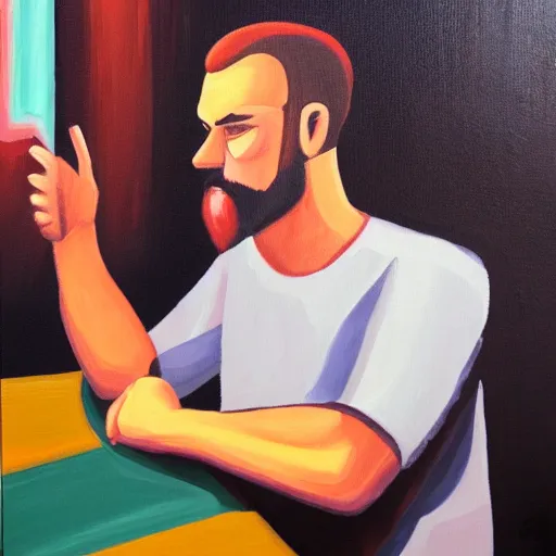 Prompt: a man sitting in a bar about to make a fundamental decision for his life, he is uncertain, but he knows he would rather have remorse than regret, acrylic painting