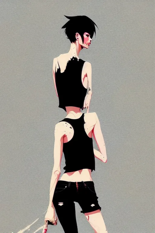 Image similar to a ultradetailed beautiful full body painting of a stylish woman with short hair, she is wearing a black tank top and jeans, by conrad roset, greg rutkowski and makoto shinkai trending on artstation