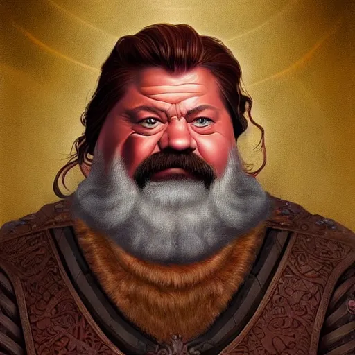 Prompt: a hyperrealistic painting of a saintly dwarven cleric that looks like ron swanson looking stoicly to the right, golden hour, iconography, cyberpunk