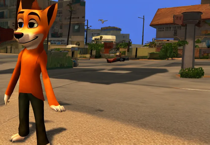 Image similar to A screenshot of Nick Wilde in GTA San Andreas.