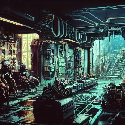 Image similar to highly detailed crowded future apartment complex, punk, grunge, jim henson creature shop, robots humans and extraterrestrials, inside a crowded space station, 1 9 8 0 s science fiction, 1 9 7 0 s science fiction, alien 1 9 7 9, cyberpunk, 3 d oil painting, depth perception, 4 k, artstation