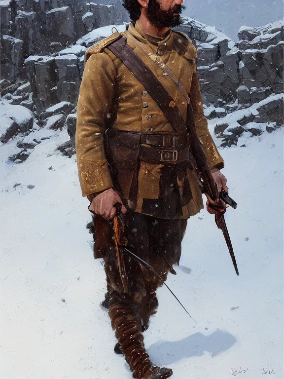 Prompt: an ultradetailed beautiful portrait painting of an greek era soldier marching in the snowy mountains, side view, oil painting, high resolution, by ilya kuvshinov, greg rutkowski and makoto shinkai
