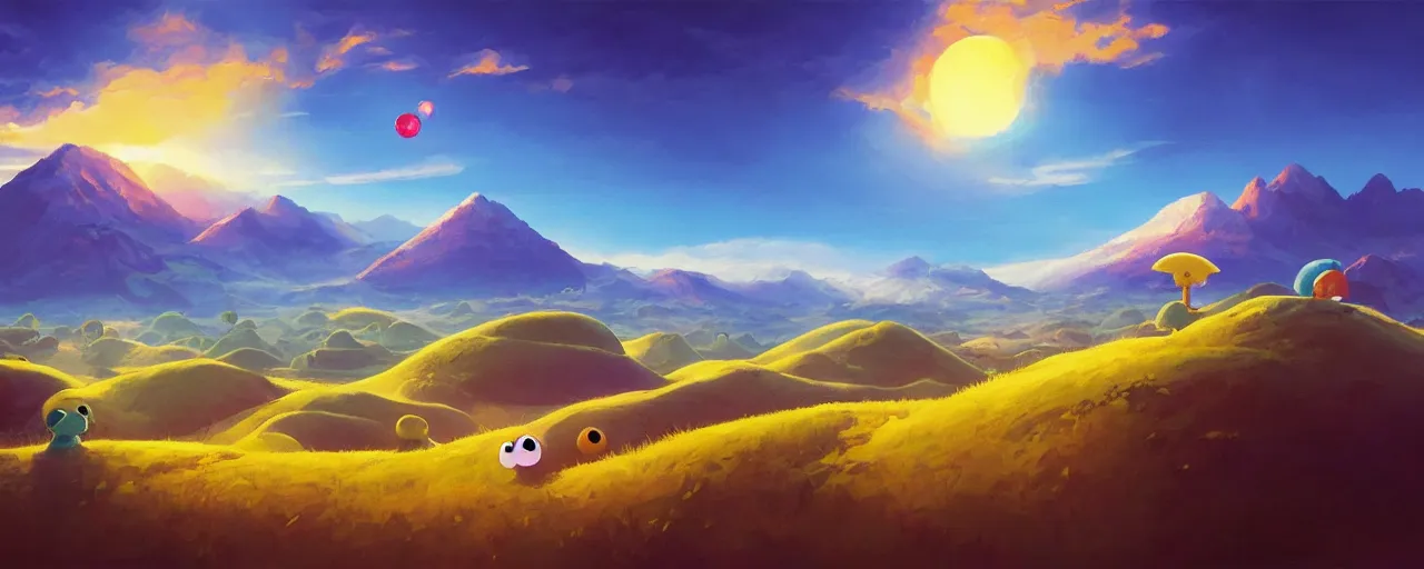 Image similar to detailed round pacman, with ghosts, in a beautiful nature landscape with clouds, mountains, in background, sunset, by rhads, round pacman, detailed, coherent