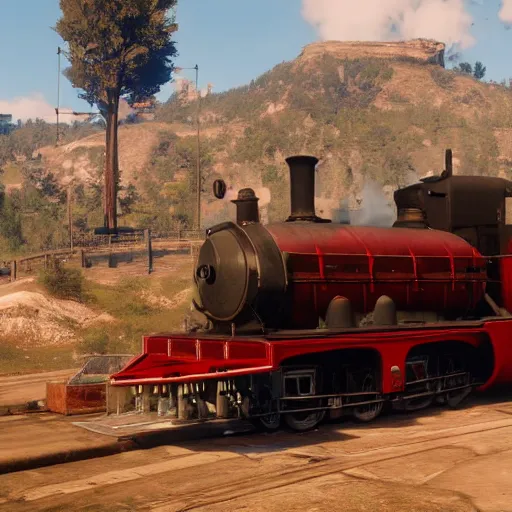 Image similar to futuristic sleek steam locomotive in red dead redemption 2