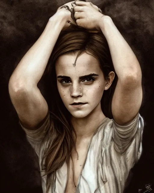 Image similar to clear portrait of emma watson, somber appearance, ripped clothing, looking her shoulder, wearing the one ring of sauron, background hyper detailed, character concept, full body, dynamic pose, intricate, elegant, highly detailed, digital painting, artstation, concept art, smooth, sharp focus, illustration, art by artgerm and greg rutkowski and alphonse mucha