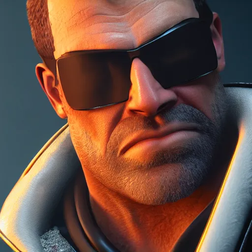 Image similar to a portrait of duke nukem as a character in the game deus ex, octane render, nvidia raytracing demo, detailed, 8 k, masterpiece