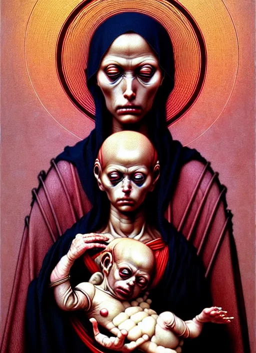Prompt: realistic detailed 8k photo of futuristic holy cyborg-mother holding a newborn baby child in hands by Raphael Santi, orthodox icon Neo-Gothic, gothic, rich deep colors. Beksinski painting, art by Takato Yamamoto. masterpiece