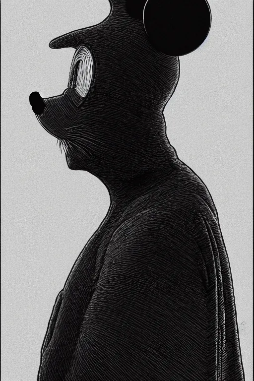 Prompt: a vibrant!!! ultraclear sideview waist up portrait of mickey mouse wearing black cape hoodie by laurie greasley and rene magritte, etching by gustave dore, intricate, colorful!!! full color flat surreal ethereal, sharp focus, illustration, highly detailed, digital painting, concept art, masterpiece