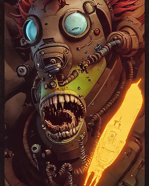 Prompt: junkrat from overwatch, character portrait, portrait, close up, concept art, intricate details, highly detailed, vintage sci - fi poster, in the style of chris foss, rodger dean, moebius, michael whelan, and gustave dore