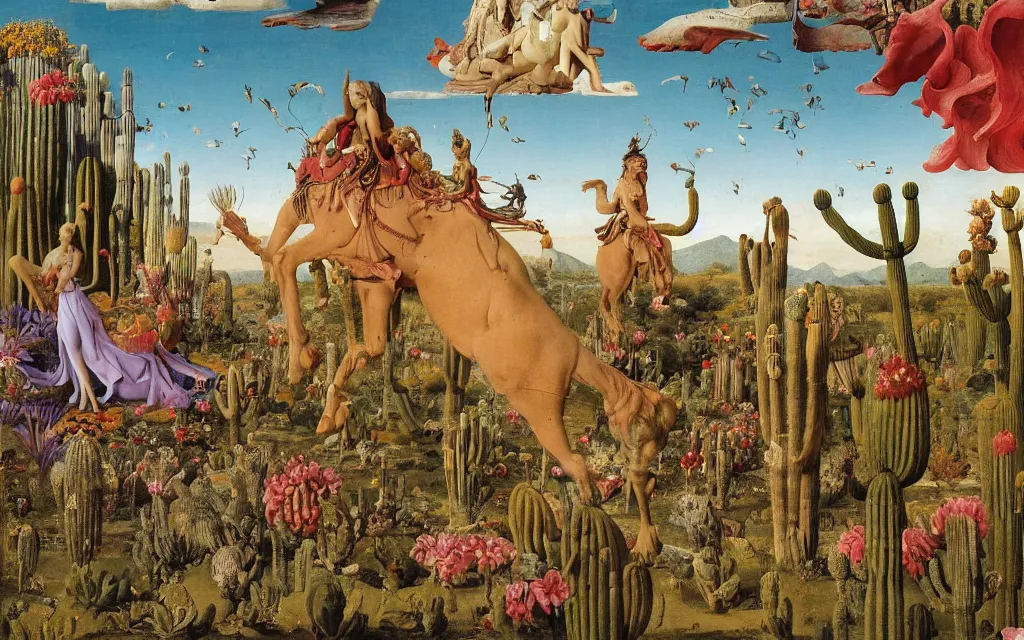 Image similar to a portrait photograph of a meditating sphinx and a centaur king riding birds at a river delta. surrounded by bulbous flowers, animals, trees and cacti. mountain range under a vast blue sky of burning stars. painted by jan van eyck, max ernst, ernst haeckel and ernst fuchs, cgsociety, artstation, fashion editorial