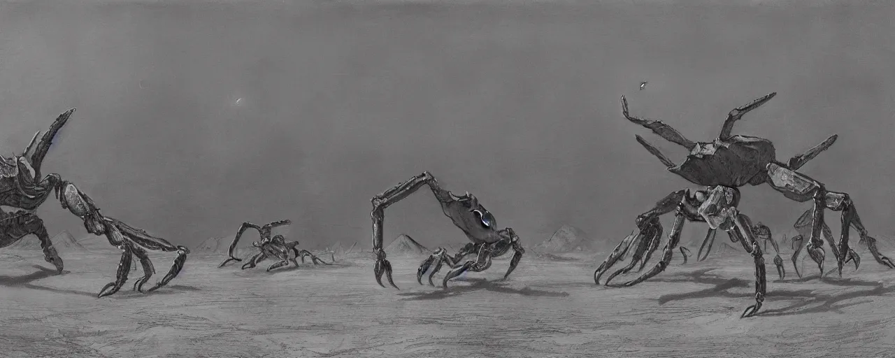 Image similar to a herd of giant crabs made of steel running abound on barren desert exoplanet by James Gurney, by Caspar David Friedrich, by Beksinski and Alex Gray