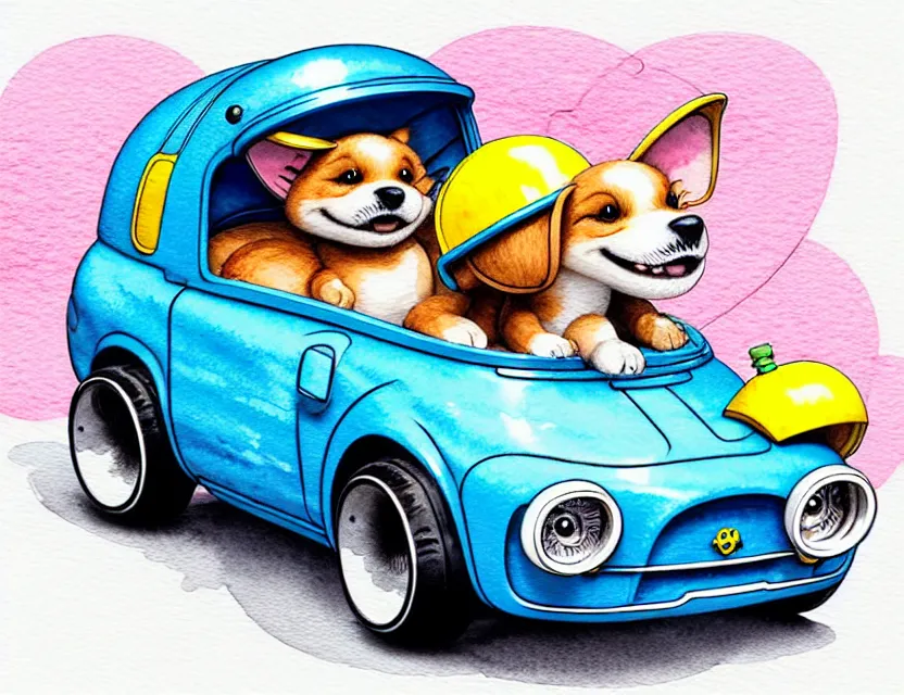 Image similar to cute and funny, puppy wearing a helmet riding in a tiny hot rod with an oversized engine, ratfink style by ed roth, centered award winning watercolor pen illustration, isometric illustration by chihiro iwasaki, edited by range murata, tiny details by artgerm and watercolor girl, symmetrically isometrically centered, sharply focused