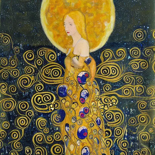 Image similar to a painting of a bird flying in front of a full moon in style of klimt