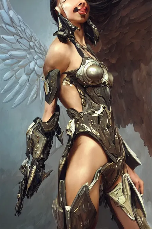 Image similar to a professional painting of a beautiful fallenangel mech woman, warhammer style , olive skin, long dark hair, beautiful bone structure, symmetrical facial features, intricate, elegant, digital painting, concept art, smooth, sharp focus, illustration, from Metal Gear, by Ruan Jia and Mandy Jurgens and Artgerm and William-Adolphe Bouguerea