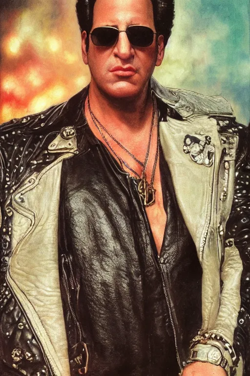 Prompt: portrait photograph of andrew dice clay, leather jacket, upper body, fantasy, handsome, depth of field, soft focus, highly detailed, intricate, realistic, national geographic cover, soft glow, textured, artstation, concept art, sharp focus, illustration, art by artgerm and greg rutkowski and alphonse mucha