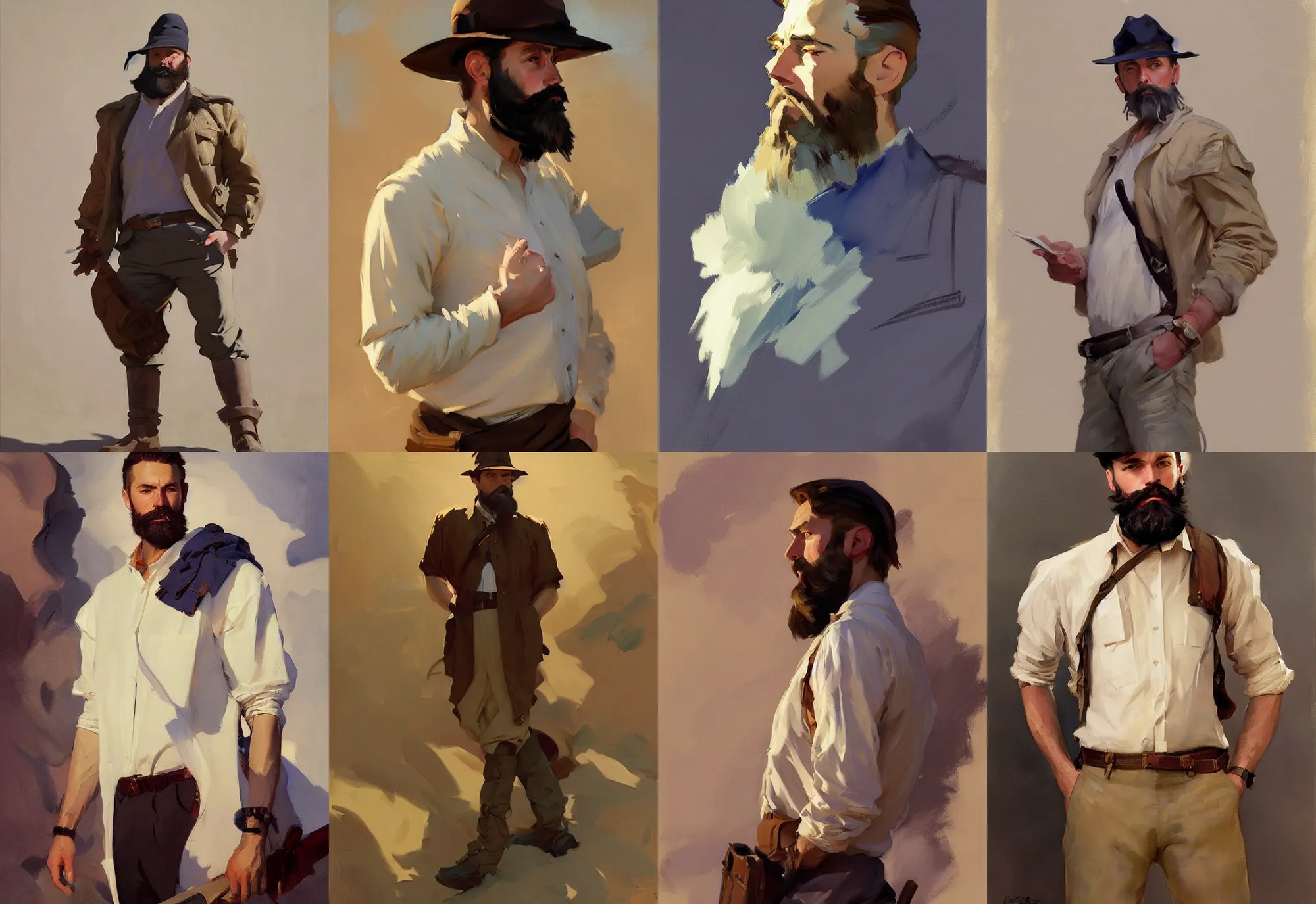 Image similar to portrait of russian model bearded men jodhpurs traveler greg manchess painting by sargent and leyendecker, studio ghibli, fantasy, medium shot, asymmetrical, intricate, elegant, matte painting, illustration, hearthstone, by greg rutkowski, by greg tocchini, by james gilleard, by joe fenton