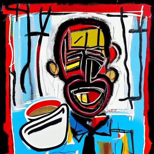 Prompt: Late morning. Sunlight is pouring through the window lighting the face of a old man drinking a hot cup of coffee. A new day has dawned bringing with it new hopes and aspirations. Painted in the style of Basquiat, 1999