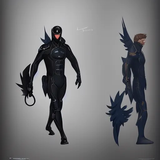 Image similar to a hero named rope man, his suit is black and blue and he has a bat like wing suit under it, mystic, concept art, artstation, greg rutkowski, reference sheet