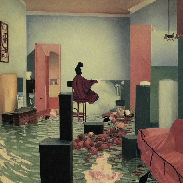 Image similar to tall female emo artists in their flooded apartment, painting of flood waters inside an artist's home, a river flooding indoors, pomegranates, pigs, ikebana, zen, water, octopus, river, rapids, waterfall, black swans, canoe, berries, acrylic on canvas, surrealist, by magritte and monet