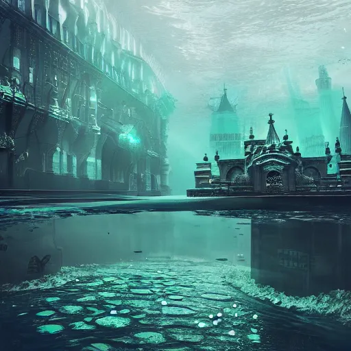 Image similar to underwater moscow, green ratio, black ratio, symmetric, elegant, ornate, luxury, elite, matte painting, MTG, magic the gathering, cinematic, cgsociety, 8k, high resolution, concept art, cgsociety, octane render, trending on artstation, artstationHD