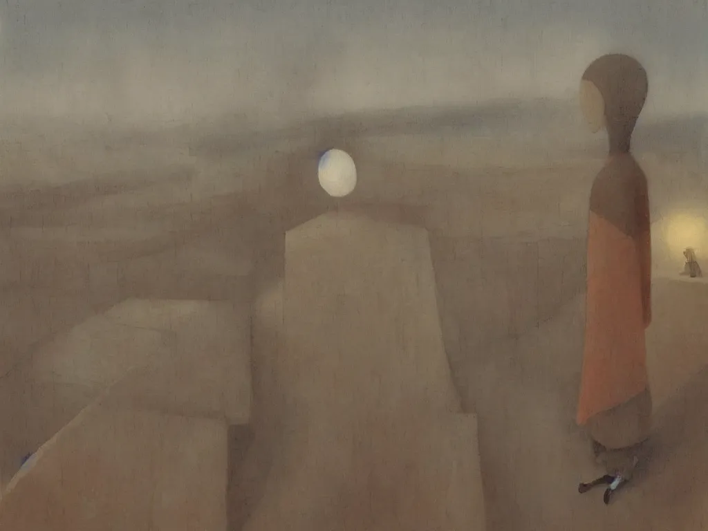 Image similar to portrait of a figure with scenery. painting by shaun tan