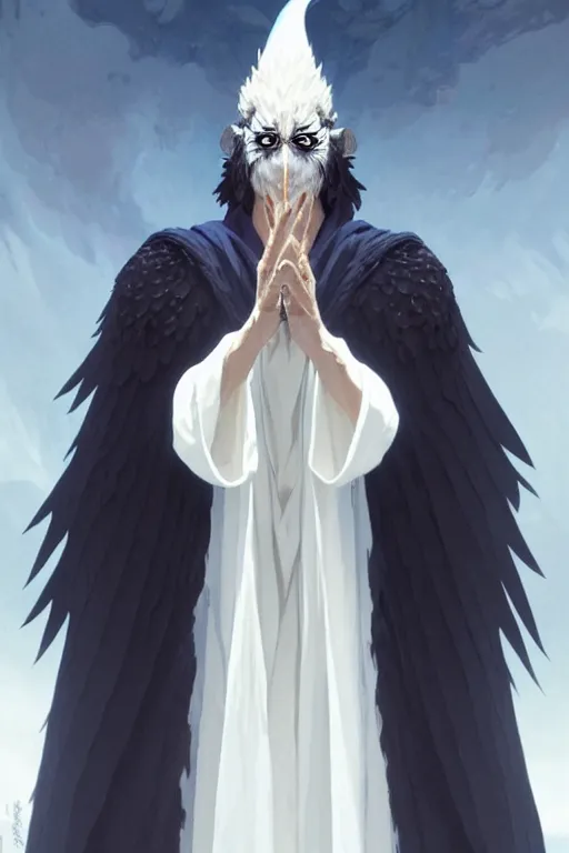 Image similar to raven headed warlock doing magic spells wind, white robes, finely detailed perfect face, exquisite details, mid view, design on a white background, by studio muti, greg rutkowski makoto shinkai takashi takeuchi studio ghibli