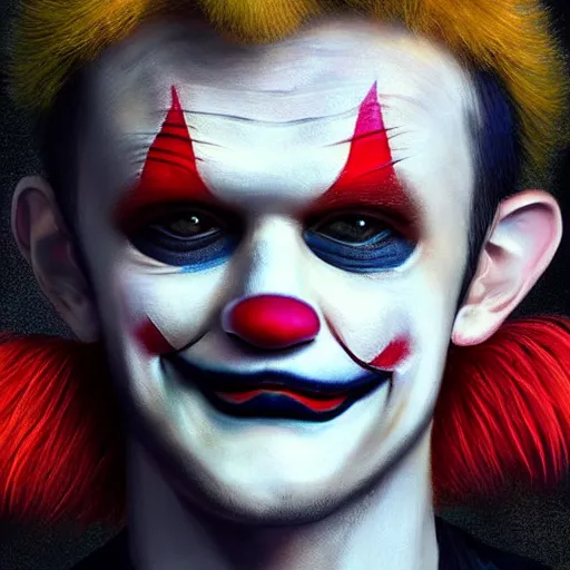 Image similar to UHD photorealistic Vitalik Buterin wearing a clown costume with accurate clown makeup by Greg Rutkowski
