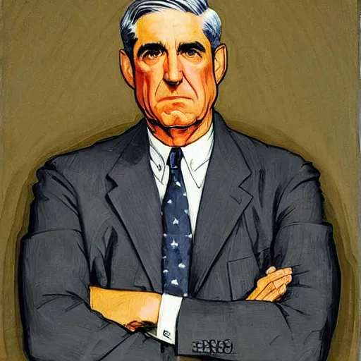 Image similar to socialist realist painting of robert mueller!!! standing with folded arms, disco elysium concept art by j. c. leyendecker and diego rivera