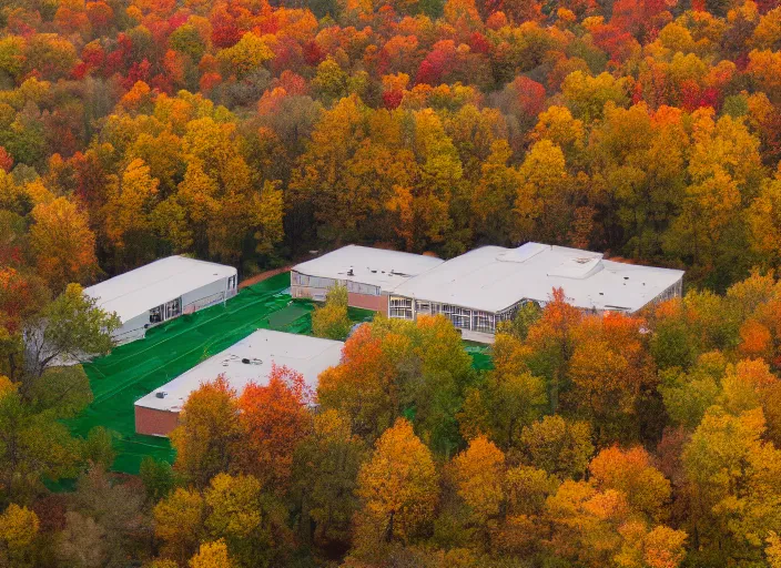 Image similar to low drone shot of a ranch style School campus in the middle of the Woods during autumn