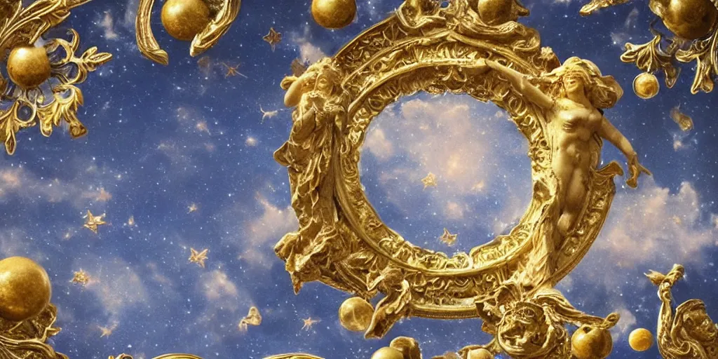 Prompt: MARBLE, ornate, majestic, baroque, saint Woman, Venus godness, beautiful, gracious, marble and gold, space, stars, clouds, sun, greeks, coerent face, fruits, Sky, Skies, bees, by annie leibovitz