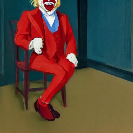 Image similar to a highly detailed fine art portrait of british prime minister boris john wearing a clown costume. in the style of edward hopper, richard hamilton and stanley kubrick.