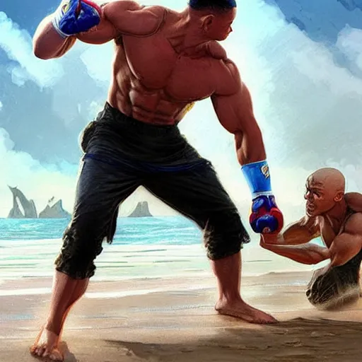 Image similar to John Cena fights Will Smith on the beach, intricate, stunning, highly detailed, digital painting, artstation, concept art, smooth, sharp, focus, illustration, art by artgerm and greg rutkowski and alphonse mucha