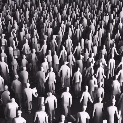 Image similar to Realistic illustration of a 3d render of Useless people, recognized activists making money, community, confused, question marks, depressive, crystal castles